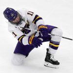 
              Minnesota State's Benton Maass celebrates after scoring during the second period of the team's NCAA men's Frozen Four hockey semifinal against Minnesota, Thursday, April 7, 2022, in Boston. (AP Photo/Michael Dwyer)
            