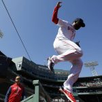 
              Boston Red Sox's Jackie Bradley Jr. takes the field during the first inning of a baseball game against the Minnesota Twins, Monday, April 18, 2022, in Boston. (AP Photo/Michael Dwyer)
            