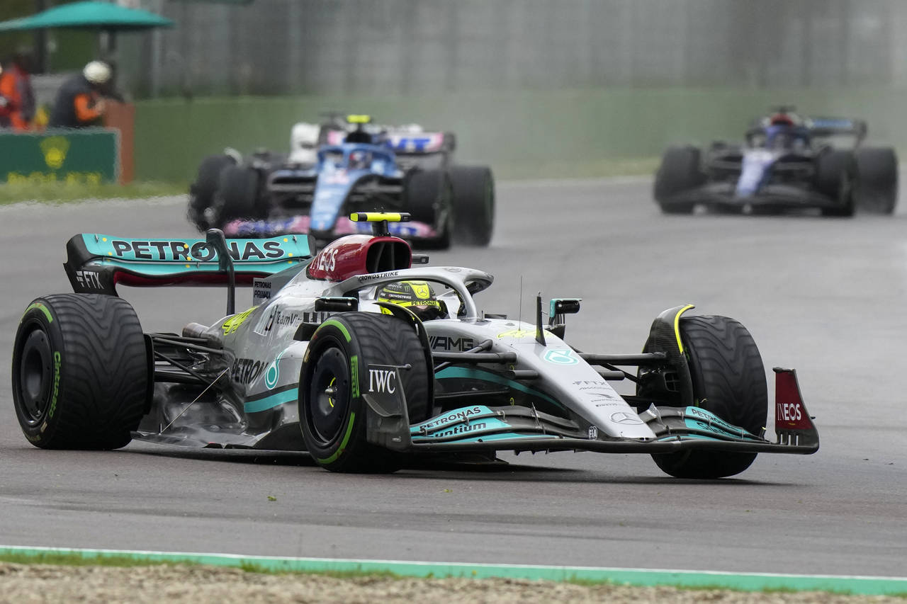 Mercedes driver Lewis Hamilton of Britain steers his car during the Emilia Romagna Formula One Gran...
