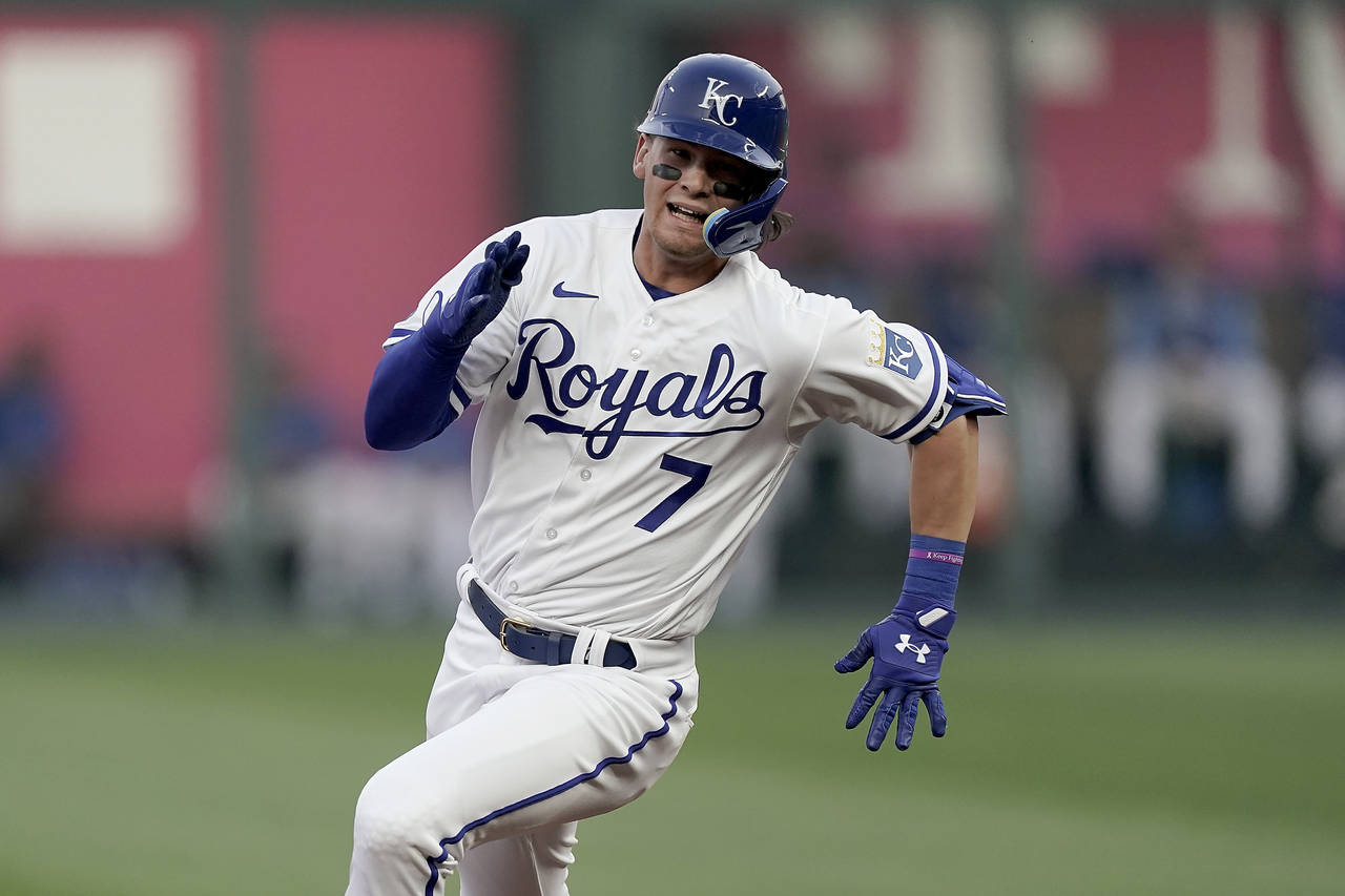 Kansas City Royals' Bobby Witt Jr. runs to third after hitting a triple during the first inning of ...