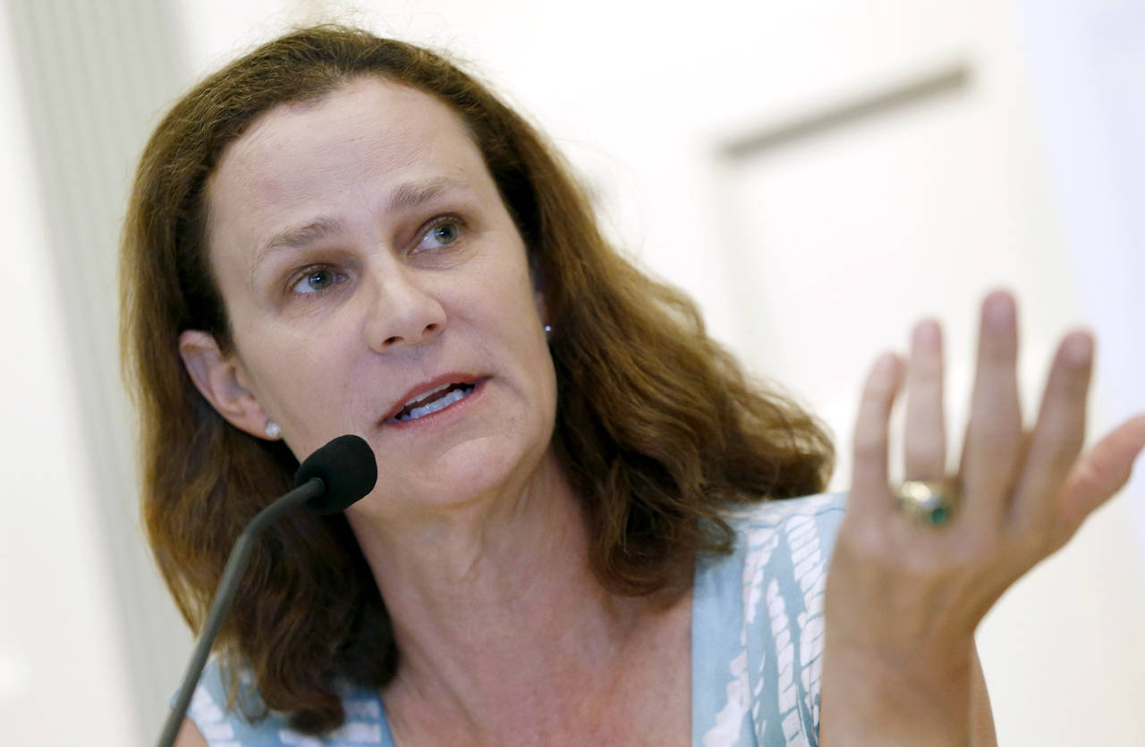 FILE - Pam Shriver speaks during a news conference introducing the 2015 inductees to the Internatio...