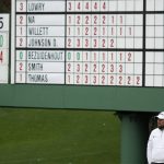 
              Shane Lowry, of Ireland, stands next to a leader board while waiting to putt on the sixth green during the third round at the Masters golf tournament on Saturday, April 9, 2022, in Augusta, Ga. (AP Photo/Charlie Riedel)
            