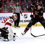 
              Ottawa Senators left wing Brady Tkachuk (7) looks for the puck as New Jersey Devils goaltender Mackenzie Blackwood (29) makes a save during the second period of an NHL hockey game in Ottawa, on Tuesday, April 26, 2022. (Justin Tang/The Canadian Press via AP)
            