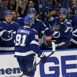 
              Tampa Bay Lightning center Steven Stamkos (91) celebrates his goal during the second period of an NHL hockey game against the Columbus Blue Jackets Tuesday, April 26, 2022, in Tampa, Fla. The goal gave Stamkos 100 points this season. (AP Photo/Jason Behnken)
            
