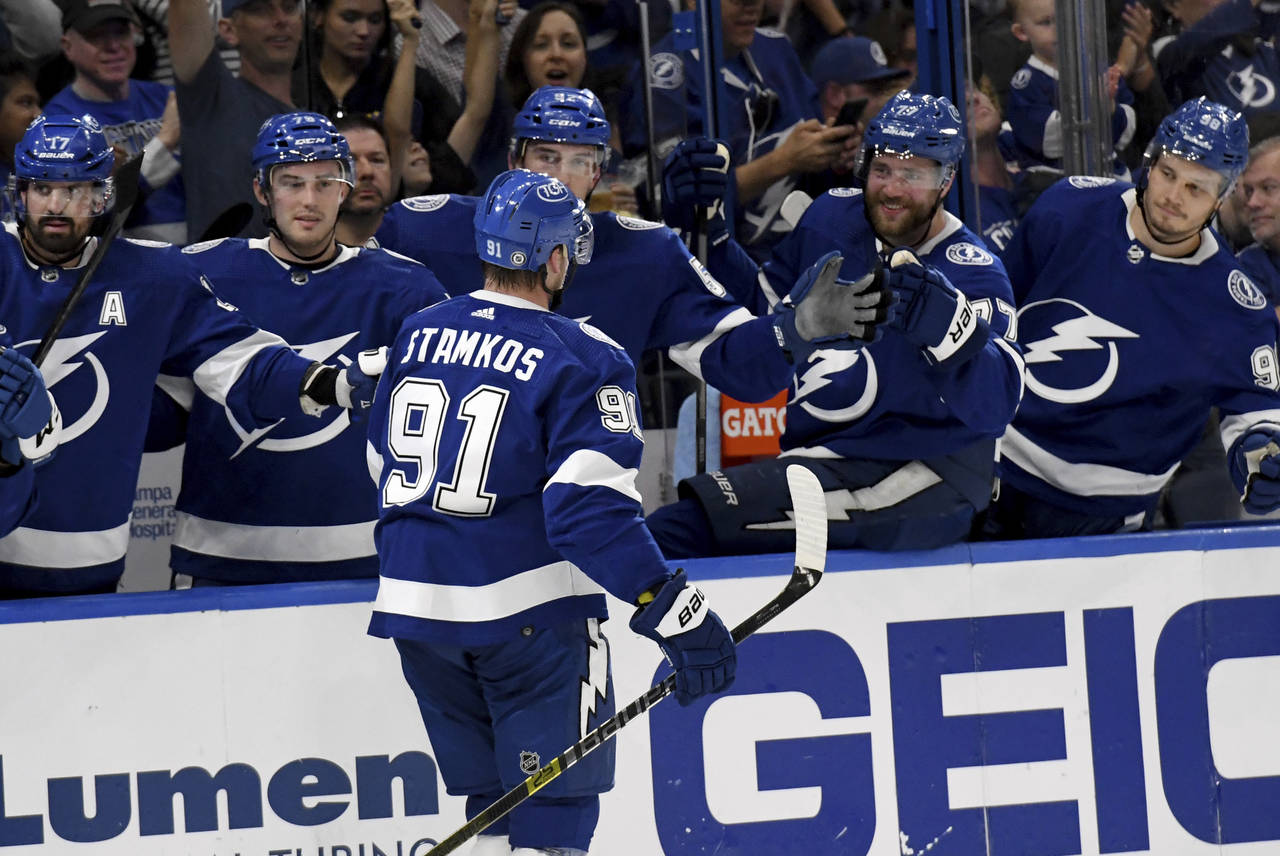 Tampa Bay Lightning center Steven Stamkos (91) celebrates his goal during the second period of an N...