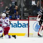 
              New York Rangers' Ryan Strome (16) celebrates after scoring a goal on New Jersey Devils goaltender Nico Daws (50) during the first period of an NHL hockey game Tuesday, April 5, 2022, in Newark, N.J. (AP Photo/Frank Franklin II)
            