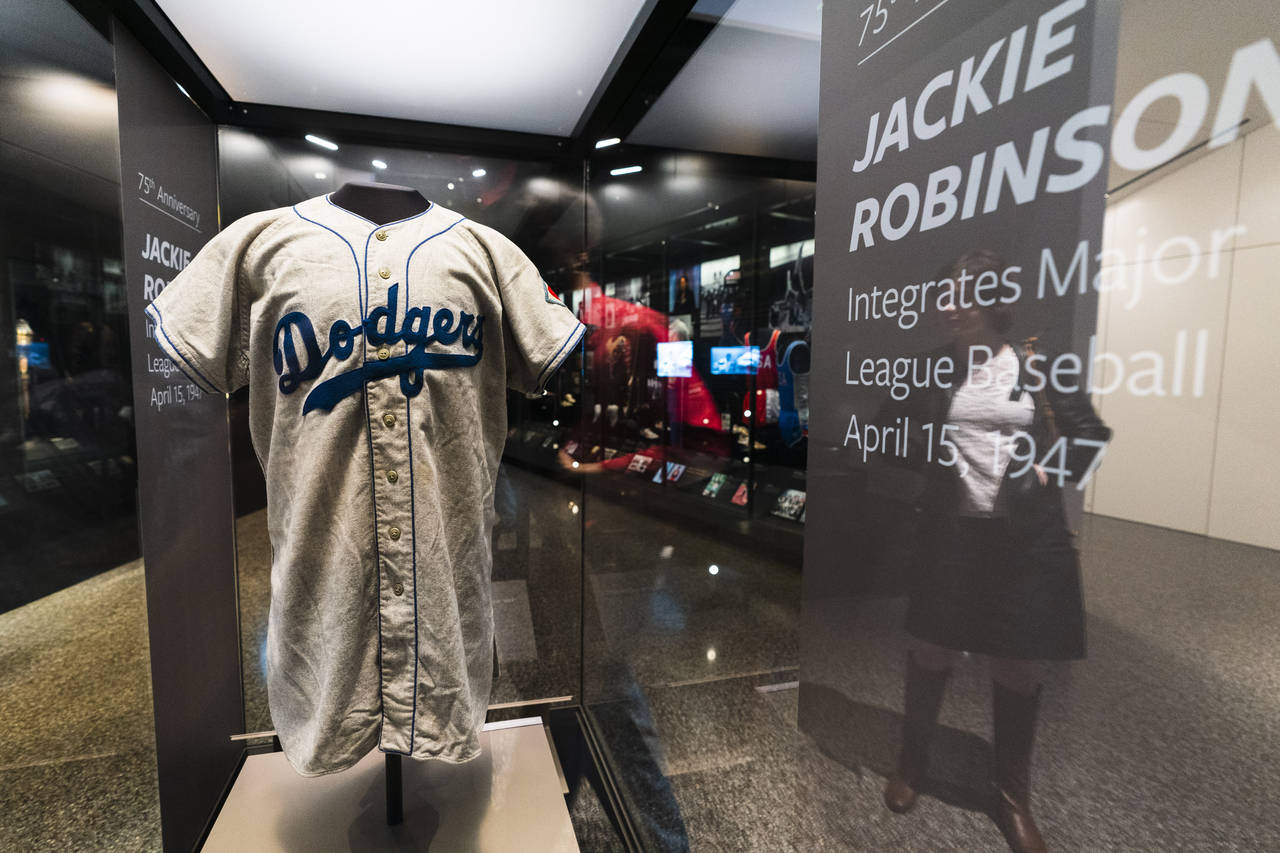 A jersey of Jackie Robinson is displayed at the National Museum of African American History and Cul...