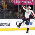 
              Washington Capitals left wing Alex Ovechkin celebrates his goal during the third period of the team's NHL hockey game against the Vegas Golden Knights on Wednesday, April 20, 2022, in Las Vegas. (Steven Marcus/Las Vegas Sun via AP)
            