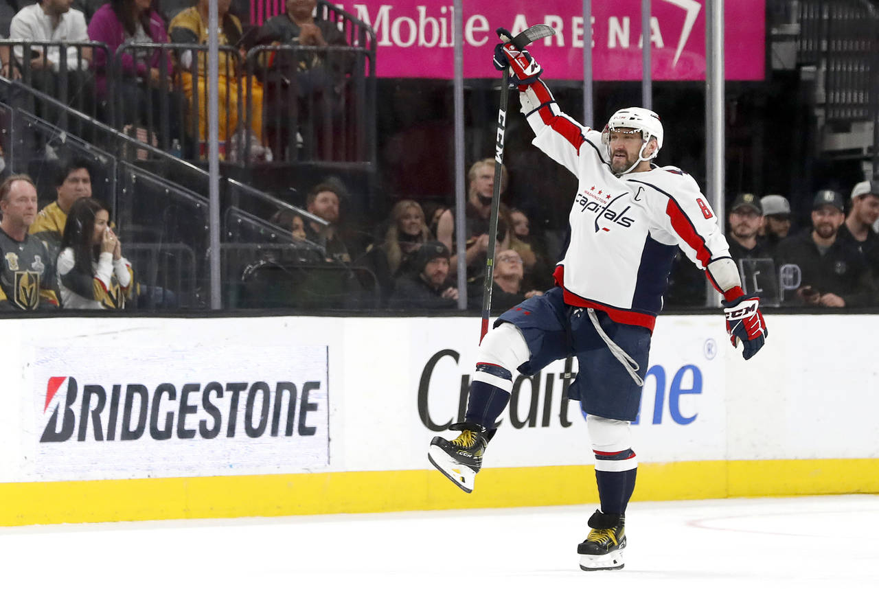 Washington Capitals left wing Alex Ovechkin celebrates his goal during the third period of the team...