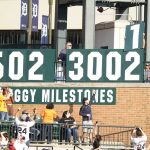 
              The Miggy milestones run tally advances another run during the first inning of the second baseball game of a doubleheader between the Detroit Tigers and the Colorado Rockies, Saturday, April 23, 2022, in Detroit. (AP Photo/Carlos Osorio)
            