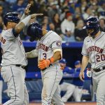 
              Houston Astros' Jeremy Pena (3) celebrates with teammates after hitting a home run against the Toronto Blue Jays during the sixth inning of a baseball game Friday, April 29, 2022, in Toronto. (Christopher Katsarov/The Canadian Press via AP)
            