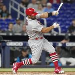 
              St. Louis Cardinals' Albert Pujols strikes out during the second inning of a baseball game against the Miami Marlins, Thursday, April 21, 2022, in Miami. (AP Photo/Lynne Sladky)
            