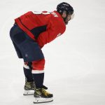 
              Washington Capitals left wing Alex Ovechkin (8) skates to the bench after he was injured during the third period of an NHL hockey game against the Toronto Maple Leafs, Sunday, April 24, 2022, in Washington. (AP Photo/Nick Wass)
            