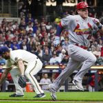
              Milwaukee Brewers' Adrian Houser throws out St. Louis Cardinals' Harrison Bader during the third inning of a baseball game Saturday, April 16, 2022, in Milwaukee. (AP Photo/Morry Gash)
            