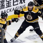 
              Boston Bruins' Brad Marchand (63) celebrates his goal with teammate Jake DeBrusk (74) during the second period of an NHL hockey game against the Columbus Blue Jackets, Saturday, April 2, 2022, in Boston. (AP Photo/Michael Dwyer)
            