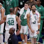 
              Boston Celtics forward Jayson Tatum (0) celebrates as his team holds the lead in the final seconds of the second half of Game 4 of an NBA basketball first-round playoff series against the Brooklyn Nets, Monday, April 25, 2022, in New York. (AP Photo/John Minchillo)
            