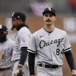 
              Chicago White Sox starting pitcher Dylan Cease is relieved during the sixth inning of a baseball game against the Detroit Tigers, Saturday, April 9, 2022, in Detroit. (AP Photo/Carlos Osorio)
            