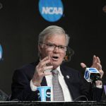 
              NCAA president Mark Emmert answers a question during a news conference at the men's Final Four NCAA college basketball tournament Thursday, March 31, 2022, in New Orleans. (AP Photo/David J. Phillip)
            