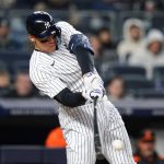 
              New York Yankees' Aaron Judge hits a single during the third inning of a baseball game against the Baltimore Orioles Wednesday, April 27, 2022, in New York. (AP Photo/Frank Franklin II)
            