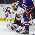 
              Ottawa Senators goaltender Anton Forsberg (31) blocks a New York Rangers shot on goal during the first period of an NHL hockey game Saturday, April 9, 2022, in New York. (AP Photo/Bebeto Matthews)
            