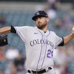 
              Colorado Rockies starting pitcher Austin Gomber throws during the fourth inning of the second baseball game of a doubleheader against the Detroit Tigers, Saturday, April 23, 2022, in Detroit. (AP Photo/Carlos Osorio)
            
