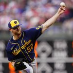 
              Milwaukee Brewers' Eric Lauer pitches during the first inning of a baseball game against the Philadelphia Phillies, Sunday, April 24, 2022, in Philadelphia. (AP Photo/Matt Slocum)
            