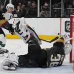 
              San Jose Sharks right wing Timo Meier, left, scores against Vegas Golden Knights goaltender Logan Thompson (36) during the third period of an NHL hockey game Sunday, April 24, 2022, in Las Vegas. (AP Photo/John Locher)
            