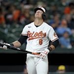 
              Baltimore Orioles' Ryan Mountcastle reacts after striking out against the Milwaukee Brewers during the fifth inning of a baseball game, Tuesday, April 12, 2022, in Baltimore. The Brewers won 5-4. (AP Photo/Julio Cortez)
            