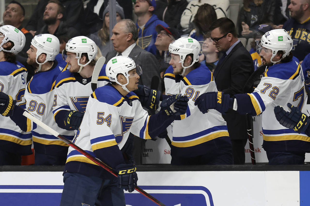 St. Louis Blues center Dakota Joshua (54) is congratulated for his goal during the first period of ...