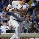
              Pittsburgh Pirates' Yoshi Tsutsugo hits into a double play during the third inning of the team's baseball game against the Chicago Cubs on Thursday, April 21, 2022, in Chicago. (AP Photo/Charles Rex Arbogast)
            