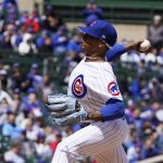 
              Chicago Cubs starting pitcher Marcus Stroman (0) throws the ball against the Milwaukee Brewers during the first inning of a baseball game, Sunday, April, 10, 2022, in Chicago. (AP Photo/David Banks)
            
