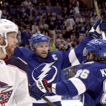 
              Tampa Bay Lightning center Steven Stamkos (91) and right wing Nikita Kucherov (86) celebrate Stamkos' goal during the second period of an NHL hockey game against the Columbus Blue Jackets Tuesday, April 26, 2022, in Tampa, Fla. The goal gave Stamkos 100 points this season. (AP Photo/Jason Behnken)
            