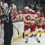 
              Calgary Flames right wing Tyler Toffoli (73) celebrates with teammates after scoring during the second period of an NHL hockey game against the Anaheim Ducks in Anaheim, Calif., Wednesday, April 6, 2022. (AP Photo/Ashley Landis)
            