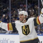 
              Vegas Golden Knights' Jonathan Marchessault (81) reacts after scoring a goal during the third period of an NHL hockey game against the St. Louis Blues, Friday, April 29, 2022, in St. Louis. (AP Photo/Scott Kane)
            