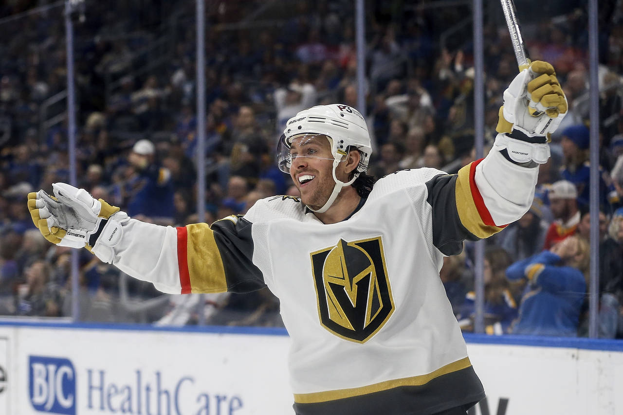 Vegas Golden Knights' Jonathan Marchessault (81) reacts after scoring a goal during the third perio...