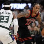 
              Chicago Bulls' DeMar DeRozan drives past Milwaukee Bucks' Wesley Matthews during the second half of Game 2 of their first round NBA playoff basketball game Wednesday, April 20, 2022, in Milwaukee. The Bulls won 114-110 to tie the series at 1-1. (AP Photo/Morry Gash)
            