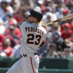 
              San Francisco Giants' Joc Pederson follows through on a solo home run during the first inning of a baseball game, Sunday, April 24, 2022, in Washington. (AP Photo/Luis M. Alvarez)
            