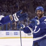 
              Tampa Bay Lightning left wing Pierre-Edouard Bellemare (41) celebrates his second period goal during an NHL hockey game against the Boston Bruins Friday, April 8, 2022, in Tampa, Fla. (AP Photo/Jason Behnken)
            