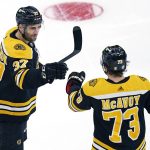 
              Boston Bruins center Patrice Bergeron (37) is congratulated by Charlie McAvoy after his goal during the first period of an NHL hockey game against the St. Louis Blues, Tuesday, April 12, 2022, in Boston. (AP Photo/Charles Krupa)
            