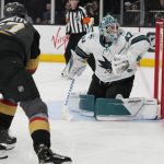 
              Vegas Golden Knights left wing Max Pacioretty, left, scores on San Jose Sharks goaltender James Reimer (47) during the second period of an NHL hockey game Sunday, April 24, 2022, in Las Vegas. (AP Photo/John Locher)
            