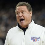 
              Kansas head coach Bill Self yells during the first half of a college basketball game against Villanova in the semifinal round of the Men's Final Four NCAA tournament, Saturday, April 2, 2022, in New Orleans. (AP Photo/David J. Phillip)
            