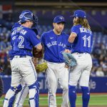 
              Toronto Blue Jays starting pitcher Yusei Kikuchi, second from right, is visited at the mound inning of a baseball game against the Houston Astros on Friday, April 29, 2022, in Toronto. (Christopher Katsarov/The Canadian Press via AP)
            
