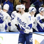 
              Tampa Bay Lightning defenseman Victor Hedman (77) celebrates with the bench after his goal against the Nashville Predators during the first period of an NHL hockey game Saturday, April 23, 2022, in Tampa, Fla. (AP Photo/Chris O'Meara)
            