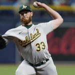 
              Oakland Athletics starting pitcher A.J. Puk delivers to the Tampa Bay Rays during the eighth inning of a baseball game Monday, April 11, 2022, in St. Petersburg, Fla. (AP Photo/Chris O'Meara)
            