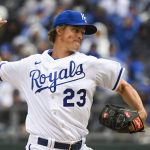 
              Kansas City Royals starting pitcher Zack Greinke throws against the Cleveland Guardians during the first inning of a baseball game, Thursday, April 7, 2022 in Kansas City, Mo. (AP Photo/Reed Hoffmann)
            
