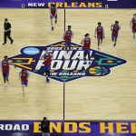 
              Kansas warms up during practice for the men's Final Four NCAA college basketball tournament, Friday, April 1, 2022, in New Orleans. (AP Photo/David J. Phillip)
            