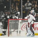 
              The Los Angeles Kings celebrate a goal by right wing Dustin Brown (23) during the first period of an NHL hockey game against the Columbus Blue Jackets Saturday, April 16, 2022, in Los Angeles. (AP Photo/Ashley Landis)
            