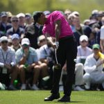 
              Tiger Woods hits his tee shot on the eighth hole during the first round at the Masters golf tournament on Thursday, April 7, 2022, in Augusta, Ga. (AP Photo/Matt Slocum)
            