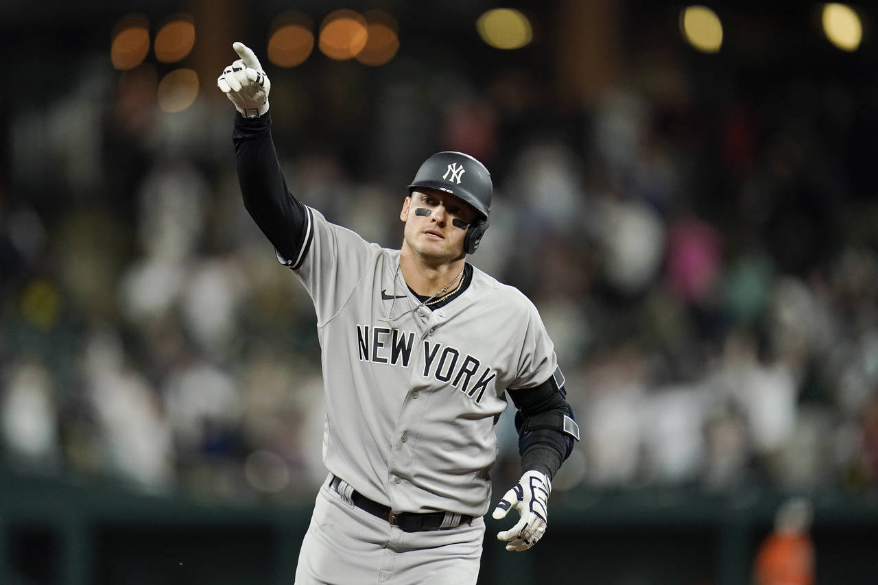 New York Yankees' Josh Donaldson gestures after hitting a two-run home run off Baltimore Orioles re...