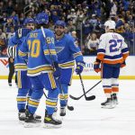 
              Members of the St. Louis Blues celebrate after scoring a goal during the second period of an NHL hockey game against the New York Islanders Saturday, April 9, 2022, in St. Louis. (AP Photo/Scott Kane)
            
